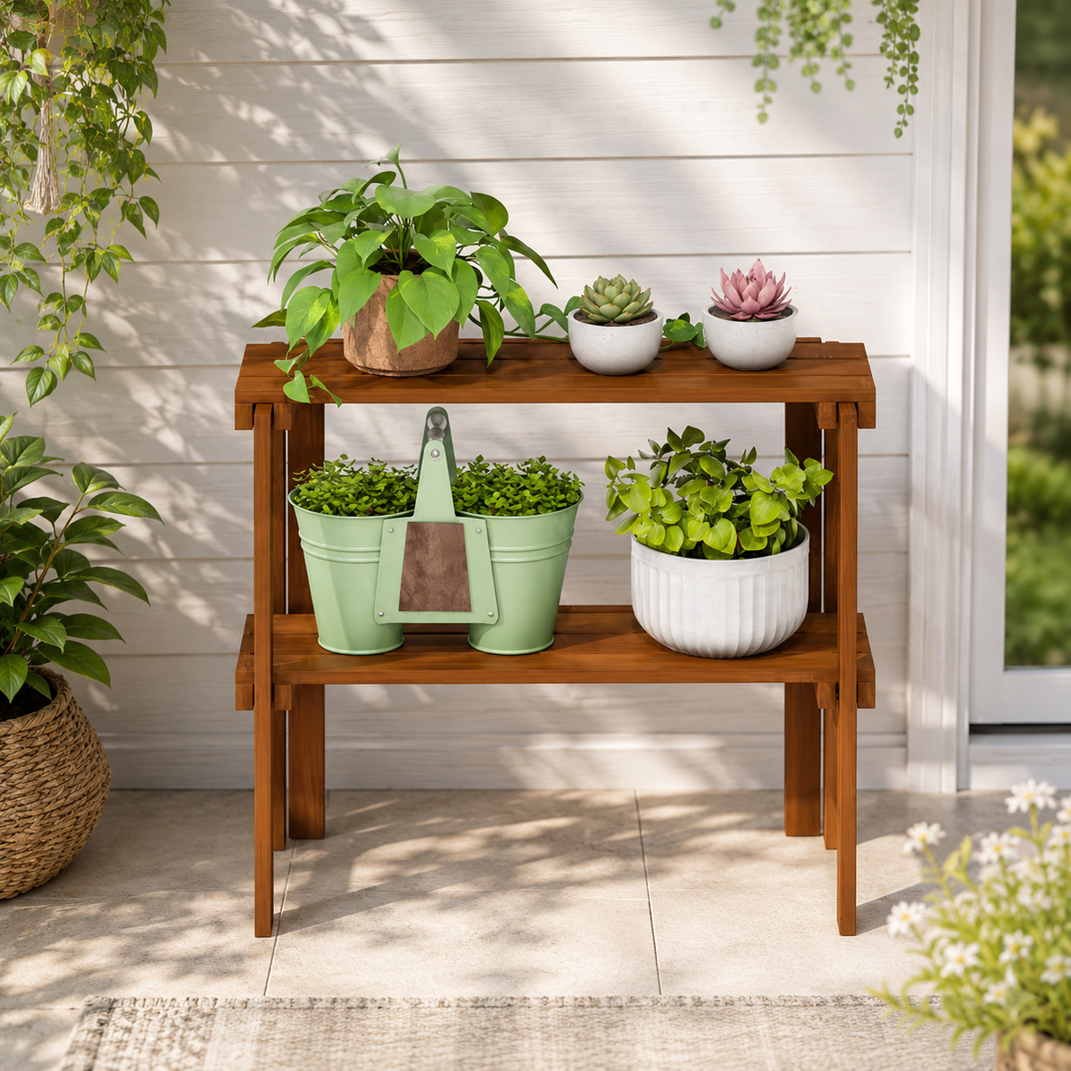 2-Tier Wooden Plant Display Shelf